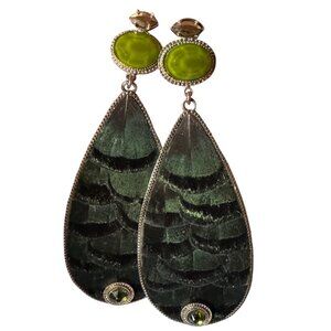 French SATELLITE PARIS Green Feather Dangle Earrings 3" long x 1 1/4" wide w/bag